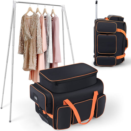 Dance Bag with Garment Rack, 23" Dance Costumes Rolling Garment Bags For Travel, Garment Duffle Bag For Dance Competition Travel Bag with Garment Rack (Black with Orange Trim)
