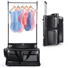 28" Dance Bag with Garment Rack – Glitter Blue Rolling Dance Competition Bag, 120L Expandable Storage, Collapsible Costume Rack Suitcase for Dancers