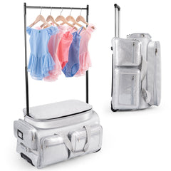 28" Dance Bag with Garment Rack – Glitter Blue Rolling Dance Competition Bag, 120L Expandable Storage, Collapsible Costume Rack Suitcase for Dancers