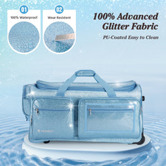 28" Dance Bag with Garment Rack – Glitter Blue Rolling Dance Competition Bag, 120L Expandable Storage, Collapsible Costume Rack Suitcase for Dancers