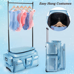 28" Dance Bag with Garment Rack – Glitter Blue Rolling Dance Competition Bag, 120L Expandable Storage, Collapsible Costume Rack Suitcase for Dancers