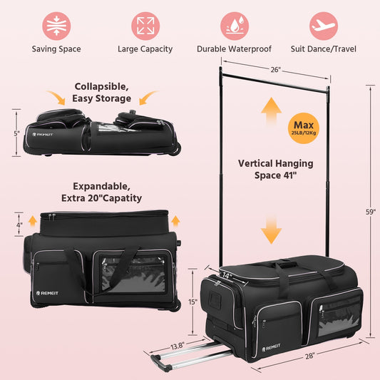 Dance Bag with Garment Rack, 28" Dance Costumes Rolling Garment Bags For Travel, Garment Duffle Bag For Dance Competition Travel Bag with Garment Rack (Black with Light Purple Trim)