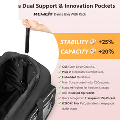Dance Bag with Garment Rack, 28" Dance Costumes Rolling Garment Bags For Travel, Garment Duffle Bag For Dance Competition Travel Bag with Garment Rack (Black with Light Purple Trim)