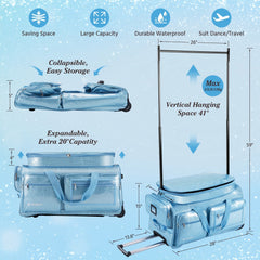 28" Dance Bag with Garment Rack – Glitter Blue Rolling Dance Competition Bag, 120L Expandable Storage, Collapsible Costume Rack Suitcase for Dancers