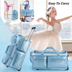 28" Dance Bag with Garment Rack – Glitter Blue Rolling Dance Competition Bag, 120L Expandable Storage, Collapsible Costume Rack Suitcase for Dancers